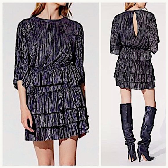 NWT IRO Paris Cuzco Tiered Metallic Plissé-Satin Mini Dress in Black/ Si… - Picture 1 of 11
